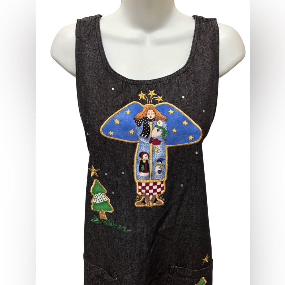 VTG Y2K Denim Midi Jumper Dress Sz L Appliquéd Country Angels Oversized Pockets - Picture 4 of 11